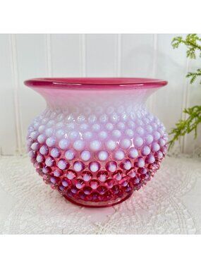Vintage Cranberry Opalescent Hobnail Glass Bowl Vase 4.75" Home Decor